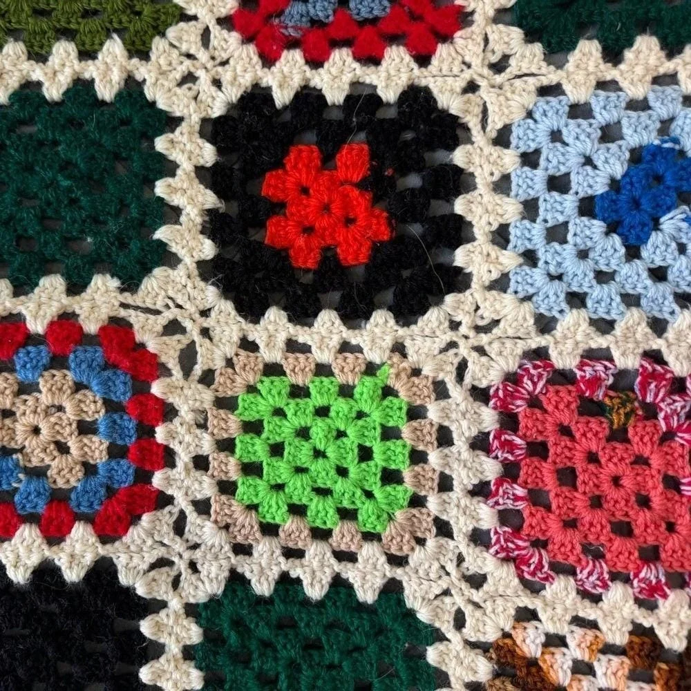 Handmade VTG Afghan Throw Crochet Granny Squares Colorful 55